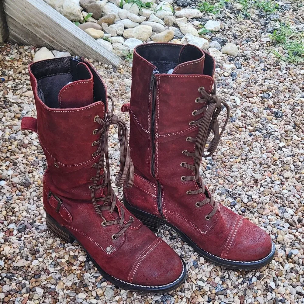 TAOS Tall Crave Red Suede Lace Up Side Zip Boots Women's  US 8 - 8.5 / EU 39 Tag